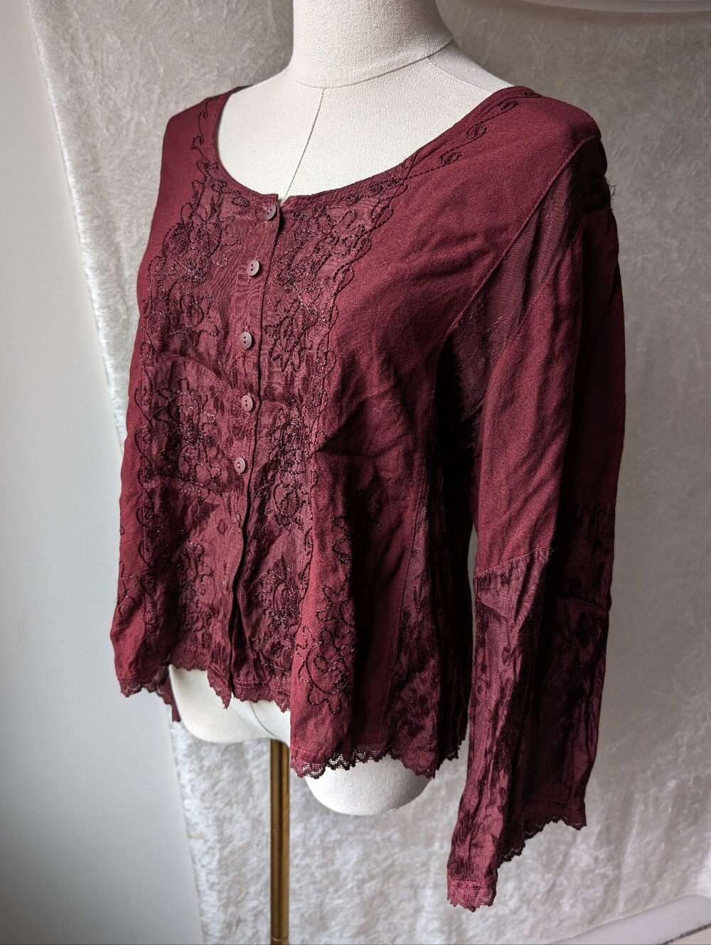 Deep Burgundy Red Rayon Raaga Free Since Bell Sleeve Shirt Button Up Sheer Detai
